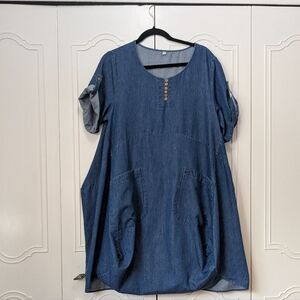 Women's Blue Oversized Cuffed Sleeve Tunic Dress Legenlook Size S